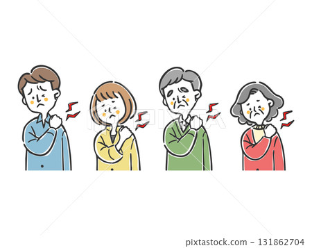 Two generations of family suffering from stiff shoulders, upper body, vector Two generations of family suffering from stiff shoulders, upper body, vector 131862704