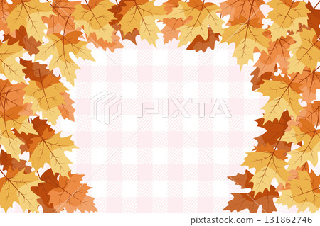 fall leaves background border with pink plaid pattern seasonal elements autumn theme flat design vector illustration 131862746