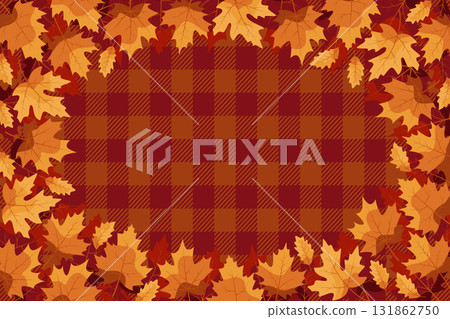 fall leaves background frame with brown plaid pattern seasonal elements autumn theme flat design vector illustration 131862750