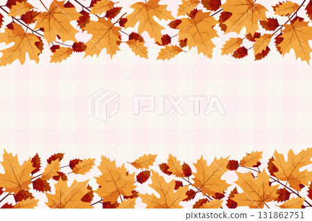 fall leaves background border with pink plaid pattern seasonal elements autumn theme flat design vector illustration 131862751