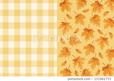 \fall leaves background with yellow plaid pattern seasonal elements autumn theme flat design vector illustration 131862755