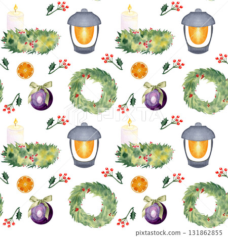 Wreaths, lantern, candle, holly, Christmas ornament, watercolor seamless pattern isolated on white. Perfect for card, textile, stationary, scrapbooking, wrapping paper, festive digital seasonal design 131862855