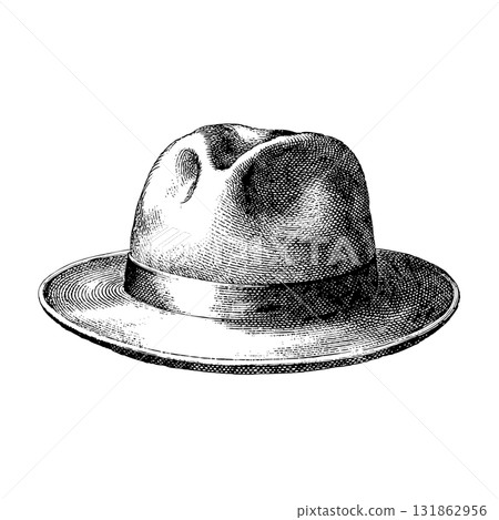 Retro black and white illustration of a classic fedora hat, vintage fashion. Vector illustration in sketch style 131862956
