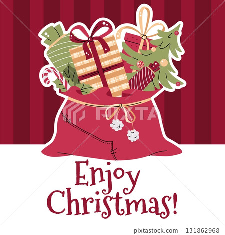 Santa's Gift Bag Christmas Card with Presents Flat Vector Illustration. Holiday Design for Social Media Posts, Festive Banners, Seasonal Marketing and Print Materials Santa's Gift Bag Christmas Card with Presents Flat Vector Illustration. Holiday Design for Social Media Posts, Festive Banners, Seasonal Marketing and Print Materials 131862968