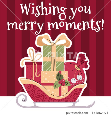 Christmas Sleigh with Santa's Gifts Card Flat Vector Illustration. Festive Holiday Design for Social Media Posts, Seasonal Banners, Winter Marketing and Print Materials 131862971
