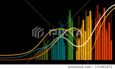 Colorful bar charts and wavy lines overlaying a dark background, illustrating complex data analysis, financial trends, market fluctuations, and business growth visualization 131862972