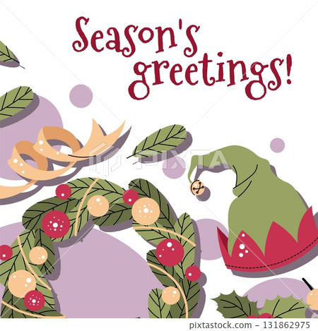 Christmas Card with Wreath Decorated Balls, Ornaments and Pine Branches. Flat Vector Illustration for Holiday Posters, Festive Greetings, Social Media Banners and Seasonal Marketing 131862975