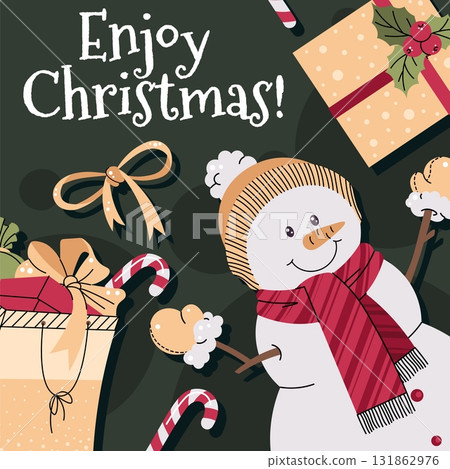 Christmas Square Card with Snowman and Presents. Flat Vector Illustration for Holiday Greetings, Social Media, Seasonal Marketing and Print Materials 131862976