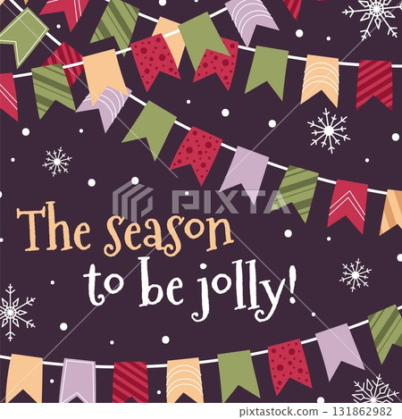Christmas Card with Garland and Snowflakes. Flat Vector Illustration for Holiday Posters, Social Media Banners, Festive Posts and Seasonal Decor Christmas Card with Garland and Snowflakes. Flat Vector Illustration for Holiday Posters, Social Media Banners, Festive Posts and Seasonal Decor 131862982