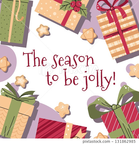 Festive Christmas Card with Gift Boxes, Bow and Stars. Holiday Illustration for Seasonal Posters, Banners and Winter Celebrations 131862985