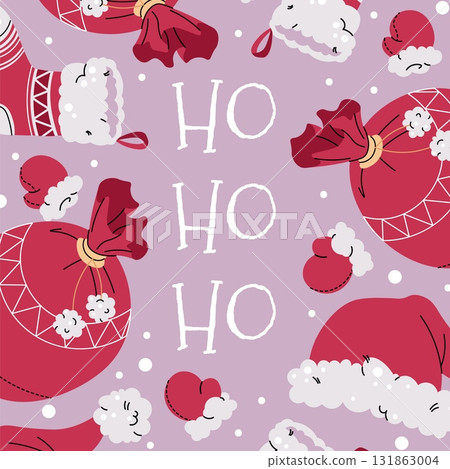 Santa's Accessories Flat Design Christmas Card. Hat, mitten, gift bag and stocking collection for holiday banners and festive posters Santa's Accessories Flat Design Christmas Card. Hat, mitten, gift bag and stocking collection for holiday banners and festive posters 131863004