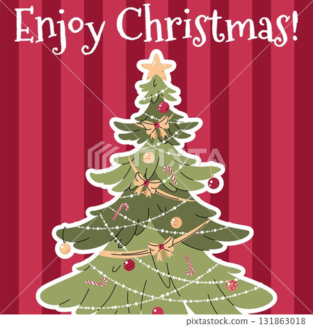 Festive Christmas Tree Card on Striped Background. Decorated Evergreen with Garlands, Toys and Ribbons for Holiday Posters and Invitations Festive Christmas Tree Card on Striped Background. Decorated Evergreen with Garlands, Toys and Ribbons for Holiday Posters and Invitations 131863018