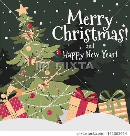 Christmas Tree Card with Decorations Flat Design. Festive Holiday Poster Featuring Decorated Evergreen with Toys, Lights and Ribbons with gift box Christmas Tree Card with Decorations Flat Design. Festive Holiday Poster Featuring Decorated Evergreen with Toys, Lights and Ribbons with gift box 131863034