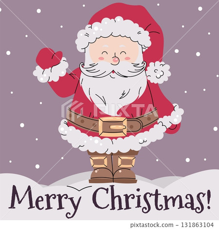 Cheerful Santa Claus Waving Hand Flat Design. Christmas Card Template, Holiday Poster and Festive Banner with Greeting Message 131863104