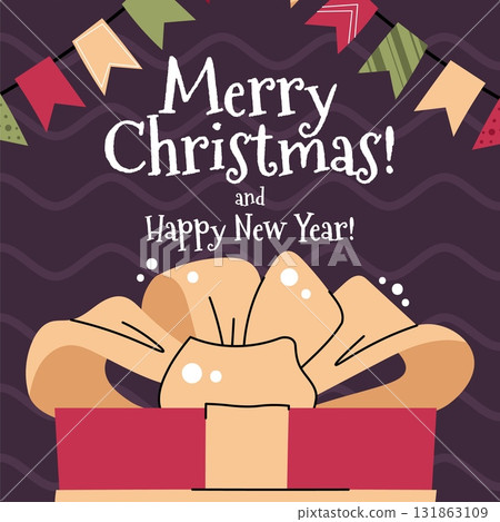 Festive Christmas Gift Present Flat Design Greeting Card. Holiday Box with Bow Illustration for Seasonal Posters, Website Banners and Winter Party Decor. 131863109