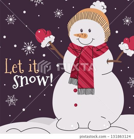 Cute Snowman in Hat and Scarf Flat Design. Christmas card template perfect for festive banners, posters and holiday invitations Cute Snowman in Hat and Scarf Flat Design. Christmas card template perfect for festive banners, posters and holiday invitations 131863124