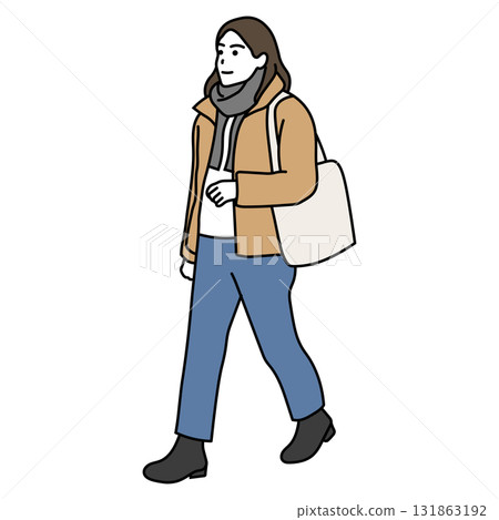 Winter commute: A woman walking in a casual coat 131863192