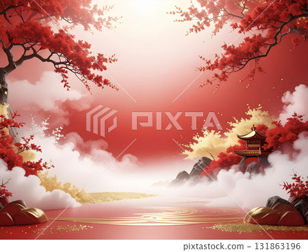 金色薄霧點綴著紅色和白色的優雅背景 131863196