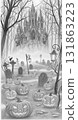 Pencil Drawing of a Spooky Gothic Castle and Graveyard 131863223