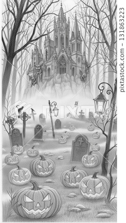 Pencil Drawing of a Spooky Gothic Castle and Graveyard Pencil Drawing of a Spooky Gothic Castle and Graveyard 131863223