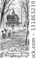 Pencil Drawing of a Spooky Gothic Castle and Graveyard 131863239