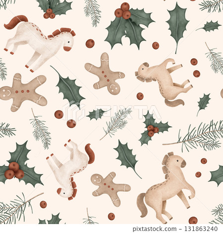 Christmas seamless pattern with symbol new year 2026, horses, pine branches, for tree. Repeat ornament with illustration holly and red berries and sweet cookie gingerbread man. Christmas seamless pattern with symbol new year 2026, horses, pine branches, for tree. Repeat ornament with illustration holly and red berries and sweet cookie gingerbread man. 131863240