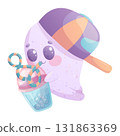 A cute smiling ghost in a cap with a drink on a white background. Halloween. Isolated vector illustration for the design of postcards, postcards for printing, textiles, stickers 131863369