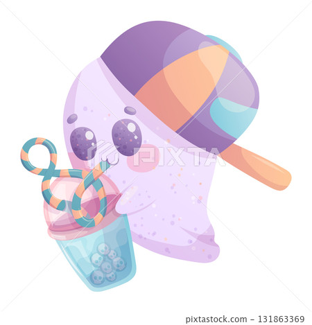 A cute smiling ghost in a cap with a drink on a white background. Halloween. Isolated vector illustration for the design of postcards, postcards for printing, textiles, stickers A cute smiling ghost in a cap with a drink on a white background. Halloween. Isolated vector illustration for the design of postcards, postcards for printing, textiles, stickers 131863369