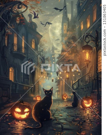 A lantern town with a black cat walking - Gothic Halloween fantasy art 131863405