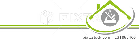 Roofer logo, tools and roof, roofer background Roofer logo, tools and roof, roofer background 131863406