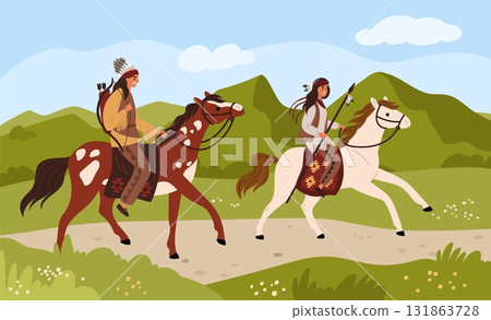 American indians scene. Horsemen on horseback, indigenous people riding on mustang horses, happy couple in traditional clothes in nature, garish vector cartoon flat wild west concept 131863728