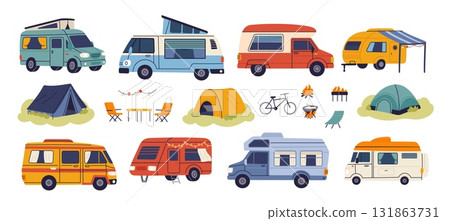 Cartoon campers. Different types vans, trailers, summer trucks and caravans, holiday recreational vehicles, camping vacation travel adventure cartoon flat style isolated garish vector set Cartoon campers. Different types vans, trailers, summer trucks and caravans, holiday recreational vehicles, camping vacation travel adventure cartoon flat style isolated garish vector set 131863731