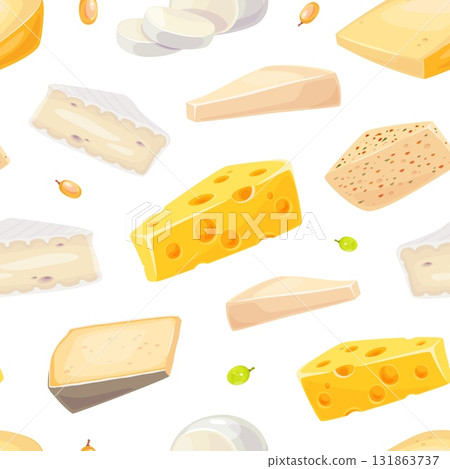 Cheese types seamless pattern. Repeated farm dairy products, different varieties, gourmet food, brie, maasdam, kitchen textile, wrapping paper, packaging. Print classy vector background 131863737