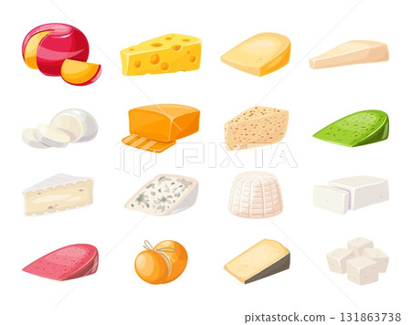 Cheese types. Different varieties, dairy products, cheddar, italian mozzarella, burrata, feta and parmesan, farm fresh milk food, isolated icons, cooking ingredients, snack classy vector set Cheese types. Different varieties, dairy products, cheddar, italian mozzarella, burrata, feta and parmesan, farm fresh milk food, isolated icons, cooking ingredients, snack classy vector set 131863738