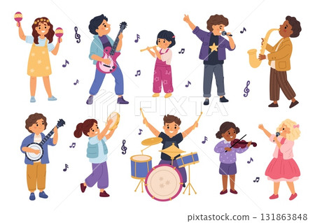 Kids music orchestra. Children with different musical instruments, little guitarist, happy girl flutist, boy drummer, violinist and singer. Cute musicians garish vector cartoon isolated set 131863848