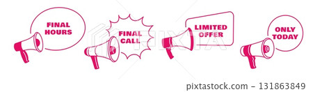 Megaphone labels. Monochrome pink speaker icons, advertising and promotional text, marketing moves, loud sound devices, silhouette loudspeakers with speech bubbles, garish vector set 131863849