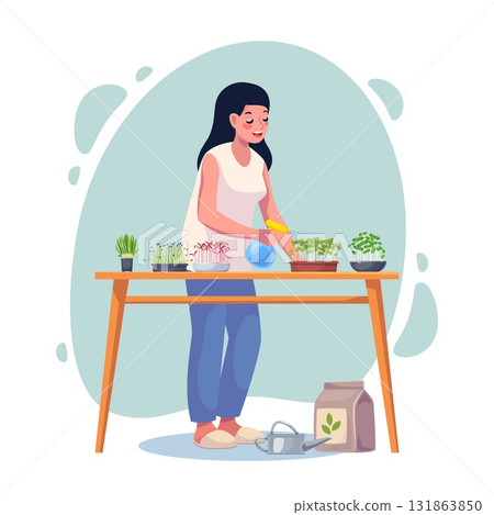 Microgreens farming. Cartoon happy woman sprays sprouts of greenery in pots, germination of seeds, healthy vegetarian food, growing superfood at home, plants gardening classy vector concept 131863850
