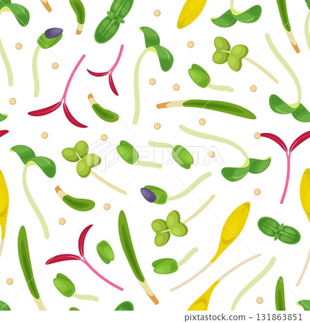 Microgreens seamless pattern. Repeated sprouts of edible plants, sprouted seeds, radishes, mustard, lettuce, peas. Decor textile, wrapping paper, wallpaper. Print classy vector background Microgreens seamless pattern. Repeated sprouts of edible plants, sprouted seeds, radishes, mustard, lettuce, peas. Decor textile, wrapping paper, wallpaper. Print classy vector background 131863851