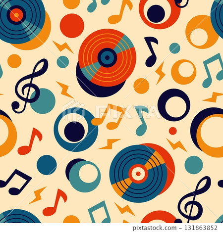 Music vinyl records seamless pattern. Repeated retro style elements, gramophone discs with musical notation, notes textile, wrapping paper, wallpaper. Print for fabric tidy vector background Music vinyl records seamless pattern. Repeated retro style elements, gramophone discs with musical notation, notes textile, wrapping paper, wallpaper. Print for fabric tidy vector background 131863852