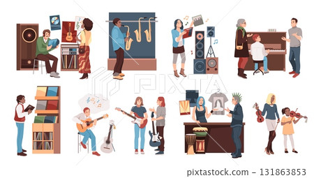 People buy musical instruments. Music store with visitors, purchase of vinyl records, discs, merch, guitar and saxophone, customers shopping band repetition cartoon isolated tidy vector set 131863853