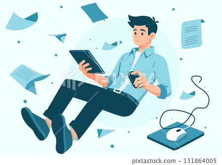 Illustration of a young man working on digital cloud computing. 131864005