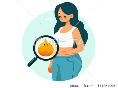 Illustration of an obese woman measuring her body fat. 131864006