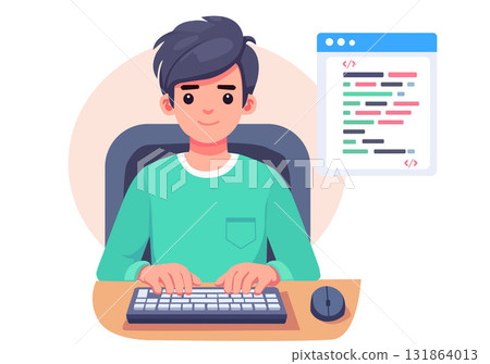 Illustration of a man programming on a computer 131864013