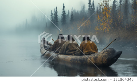 Indigenous people paddling traditional canoe on misty river, ancestral transportation in foggy forest landscape 131864343
