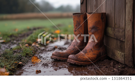 Muddy leather boots against rustic wooden wall in autumn garden. Weathered footwear showing outdoor lifestyle and countryside living concept 131864351