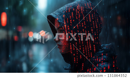 Mysterious figure in hood with digital binary code projection on face, representing cybersecurity and digital identity in modern technology 131864352