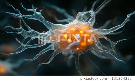 Neuron cell with glowing orange center and extending dendrites on dark background, brain activity visualization for neuroscience and artificial intelligence concepts 131864353