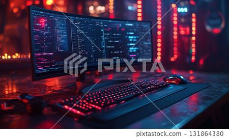Ultrawide curved monitor displaying code in dark room with red ambient lighting. Modern programming workspace concept for software development Ultrawide curved monitor displaying code in dark room with red ambient lighting. Modern programming workspace concept for software development 131864380