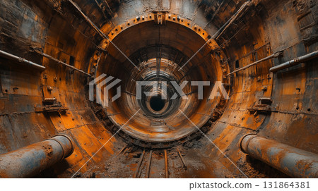 Underground tunnel with rusty metal walls and industrial pipes, infrastructure engineering for urban transportation or utility system Underground tunnel with rusty metal walls and industrial pipes, infrastructure engineering for urban transportation or utility system 131864381