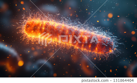 Bacteria cell glowing with electric energy against dark background, microbiology visualization with energy tendrils for healthcare research concept 131864404